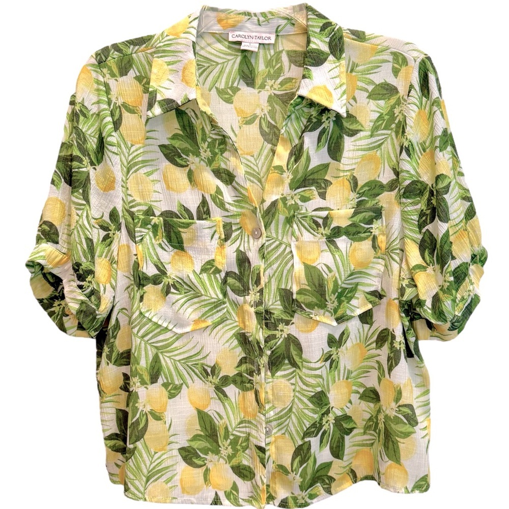 Lemon Print Button-Up Short Banded Sleeve Camp Shirt Size L Viscose-Polyester